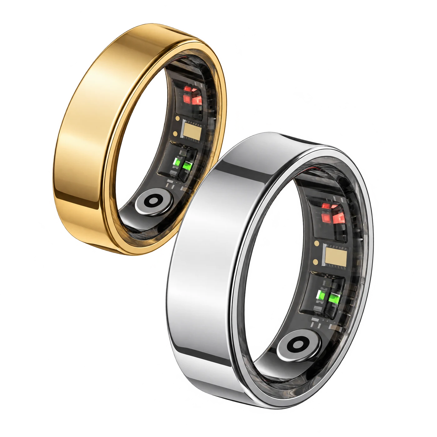 Silver and gold Orbex smart rings, studio visualization